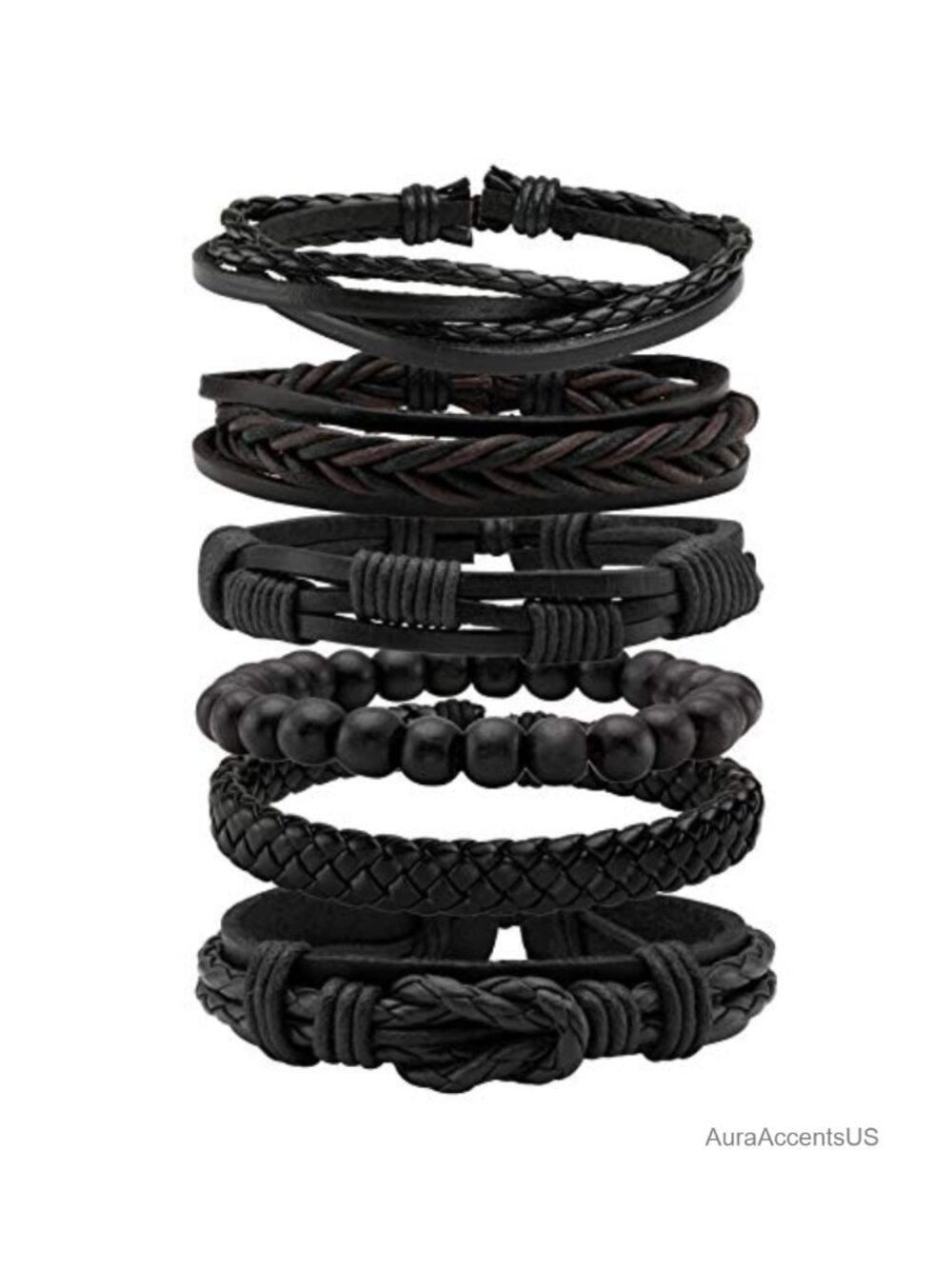 6 Pcs Adjustable Braided Leather & Wooden Bead Cuff Wrap Bracelet Set for Men